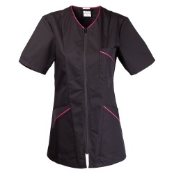 Bluza damska krótki rękaw czarna z różową lamówką
